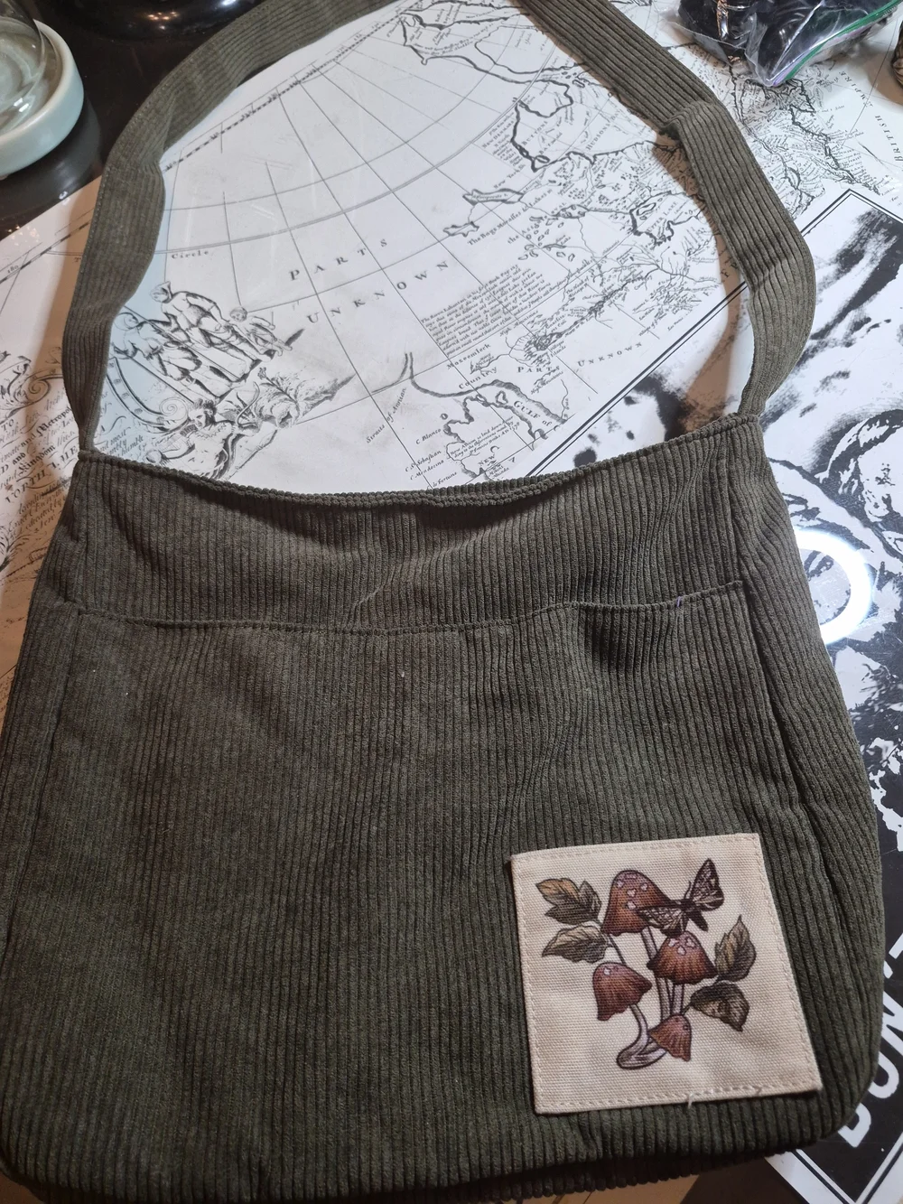 Corduroy Crossbody Bag with Mushroom Patch - Olive Green